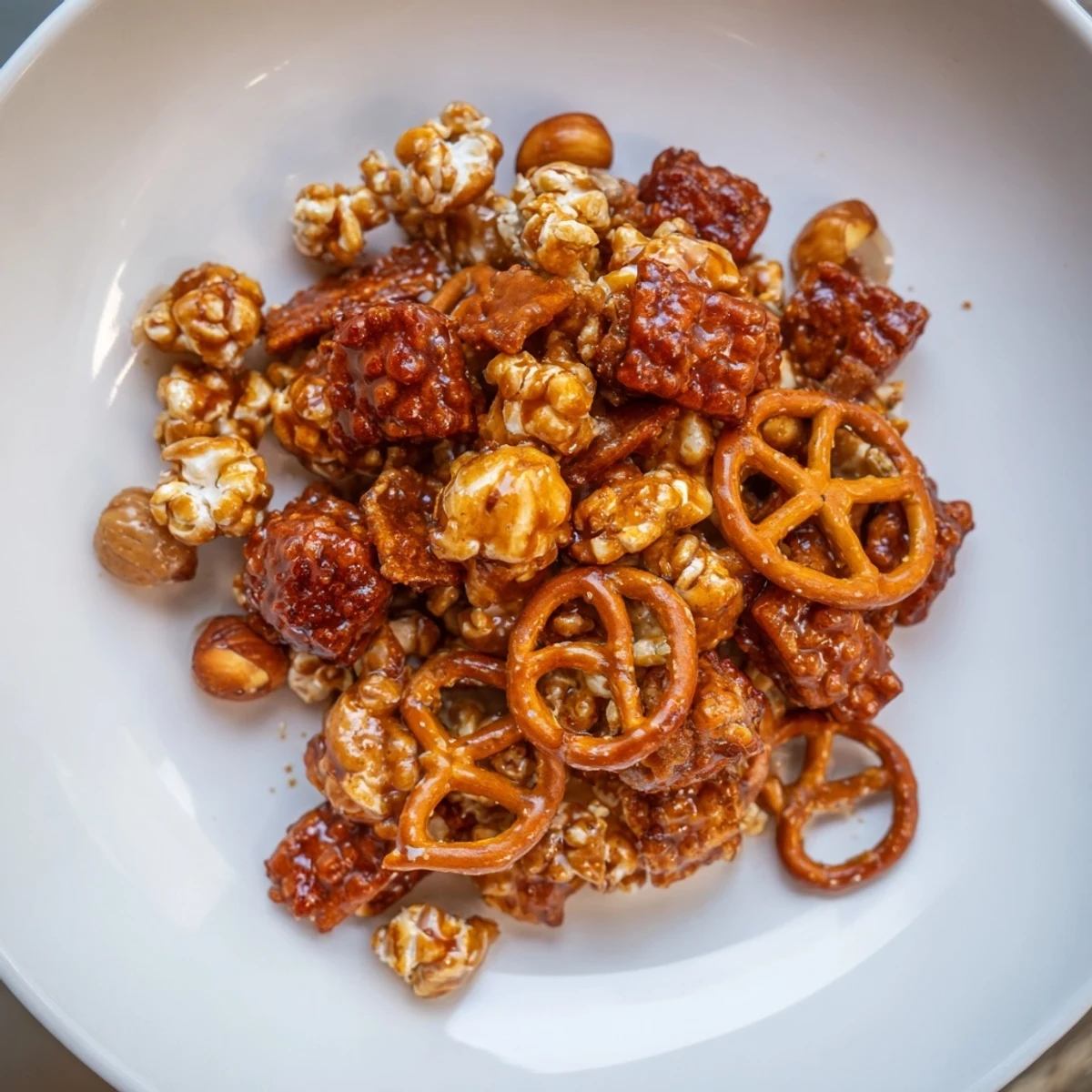 Golden-brown Party Mix glistens from a sweet apple cider glaze, perfect for a holiday snack.