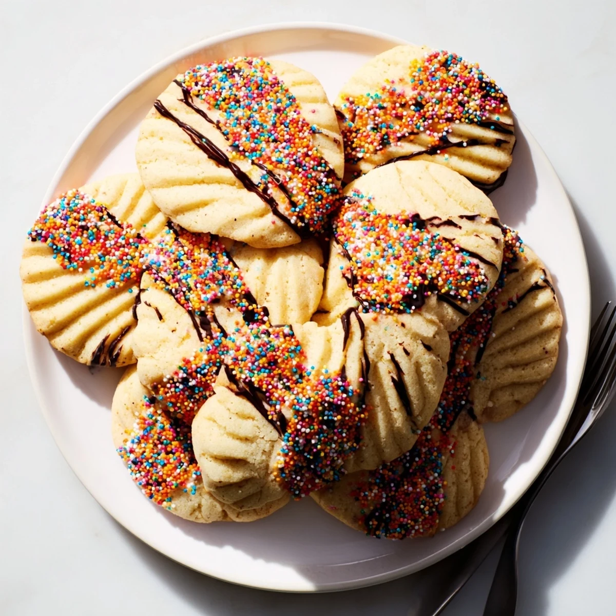 Golden-edged Spritz Cookies arranged in a layered fan, a delicious holiday cookie treat.