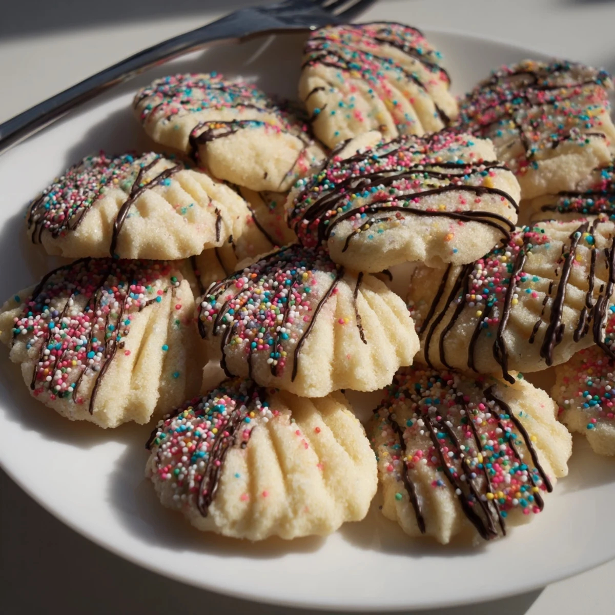 A beautiful, layered fan of Spritz Cookies, perfect for serving with coffee or dessert wine.