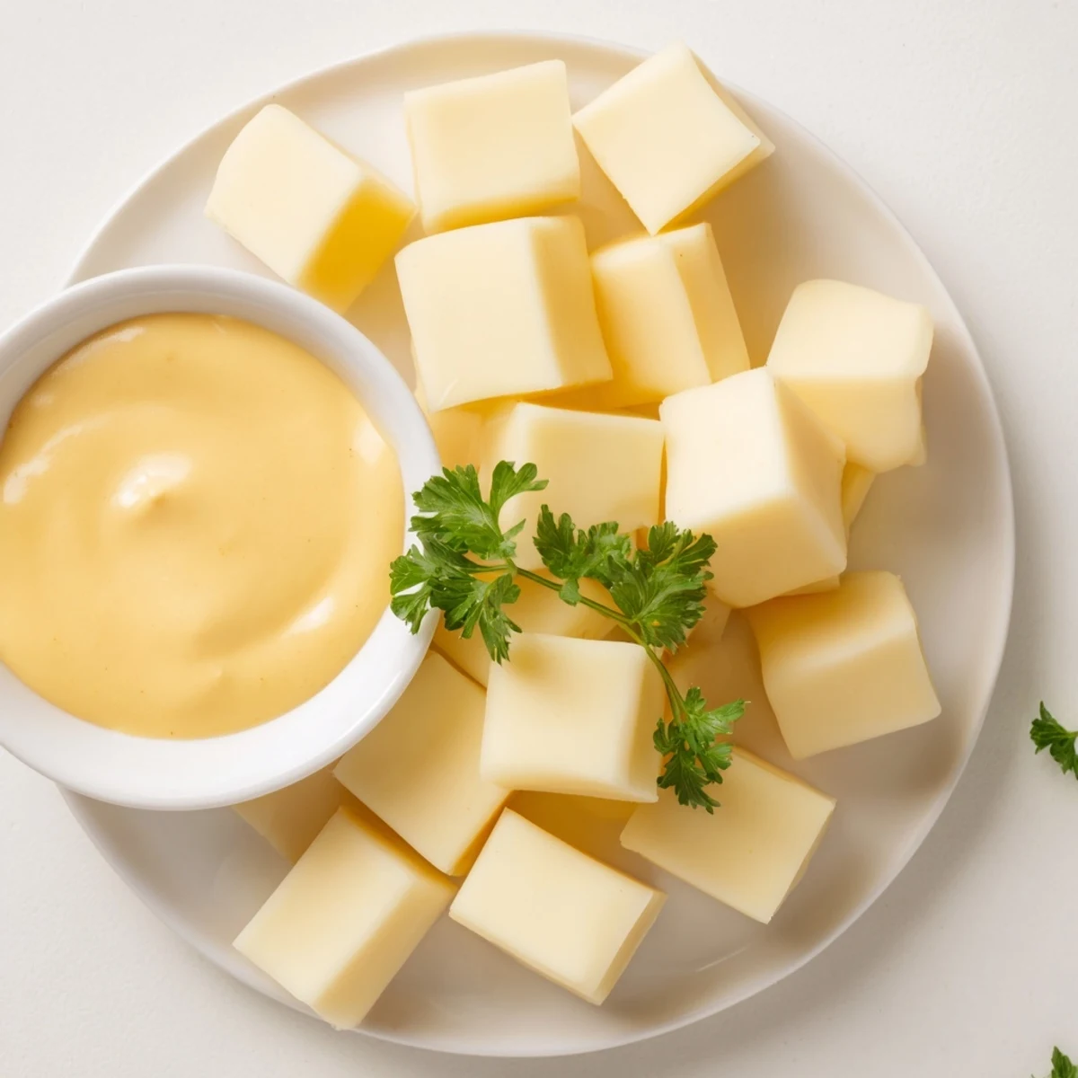 Gouda cheese cubes arranged on a platter, ready for dipping in creamy mustard dip.