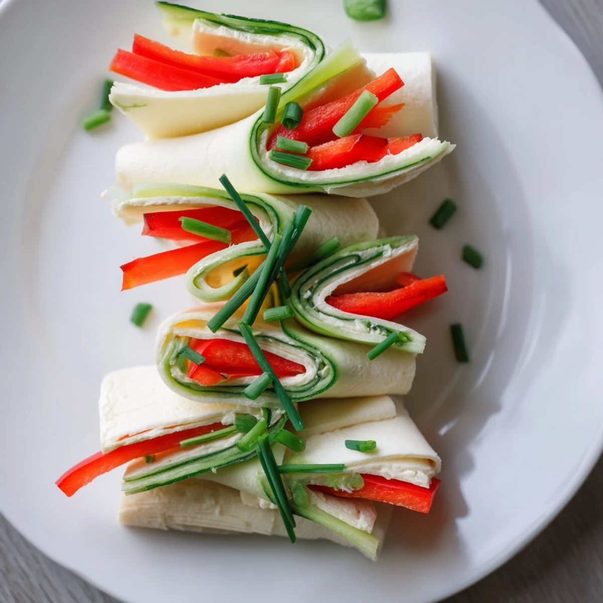 Savory turkey roll-ups stacked on a plate, ready to be enjoyed as a refreshing appetizer.