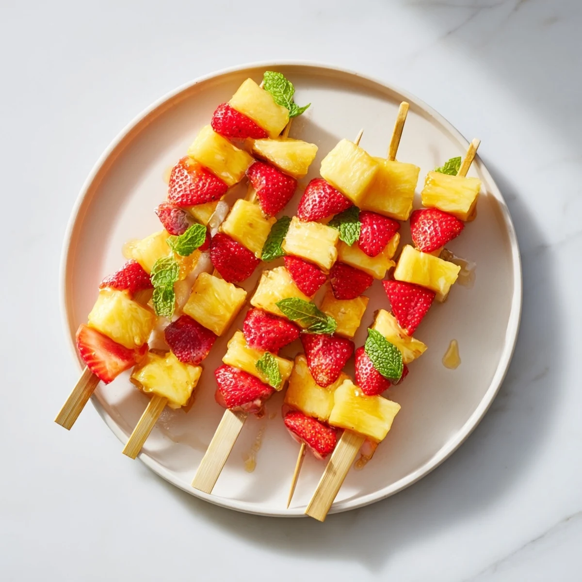 Sweet strawberry halves and pineapple chunks arranged on skewers, ready to be enjoyed.