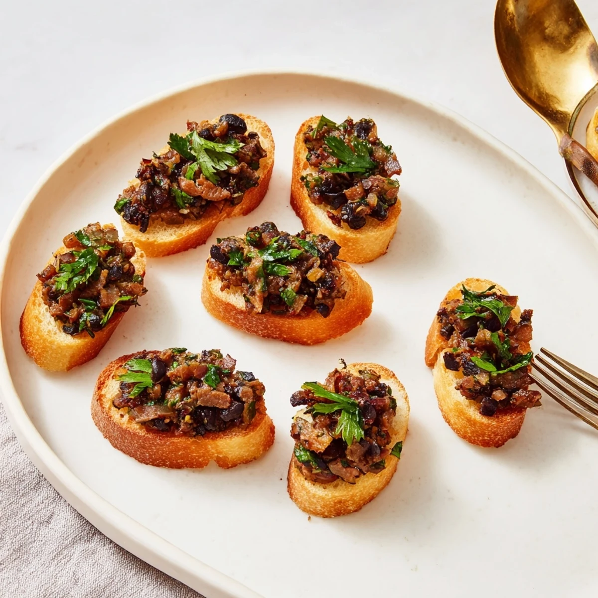 Close-up of vibrant black olive tapenade, with the crostini offering a delightful crunch.