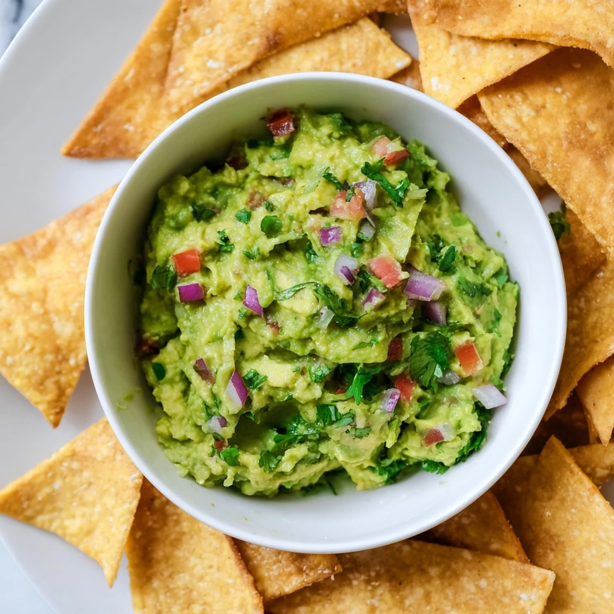 A close-up view shows a delicious Pita Chips and Guacamole Bowl ready to be enjoyed.
