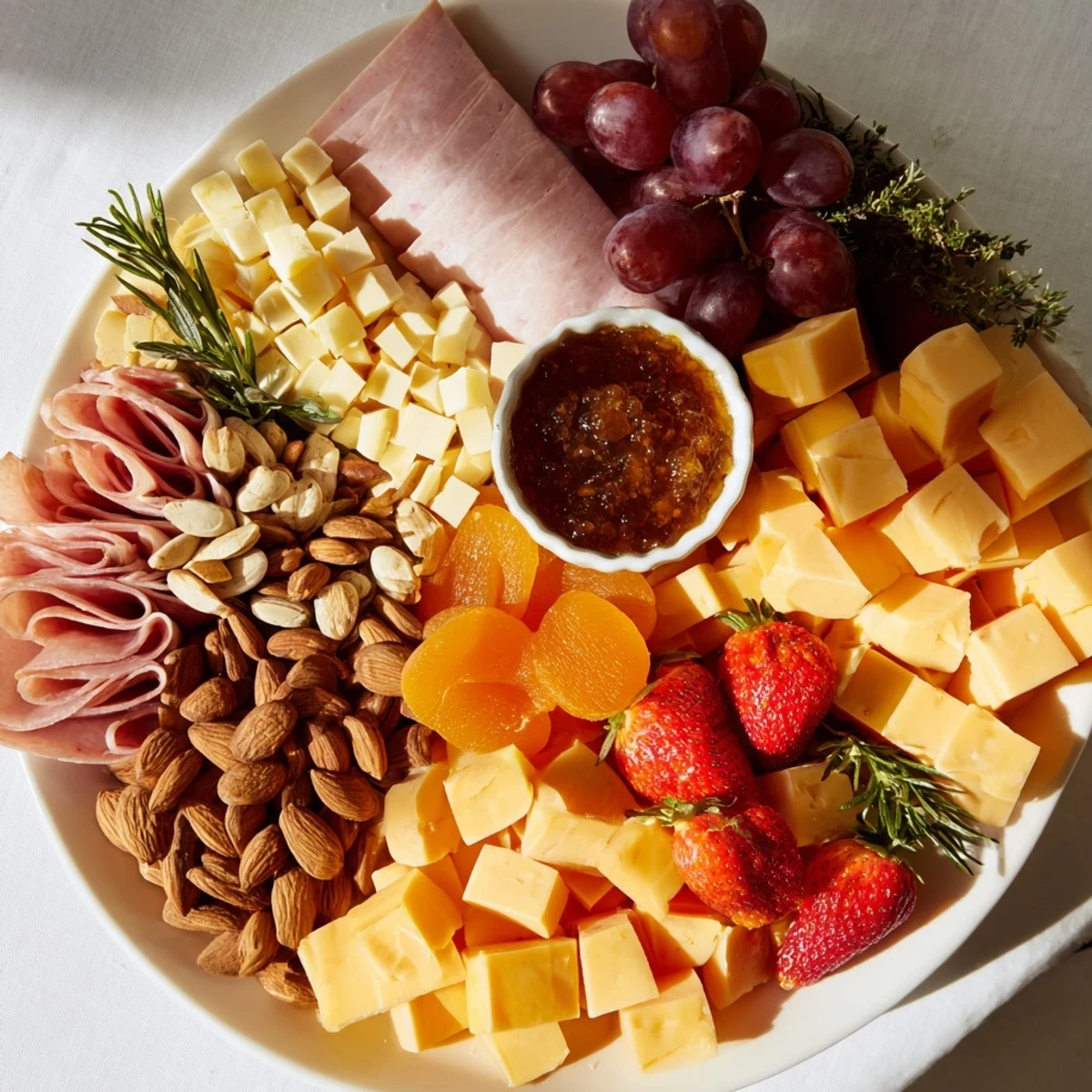 Artfully arranged Anniversary Heirloom Arrangement with prosciutto, brie, and strawberries for a special celebration.