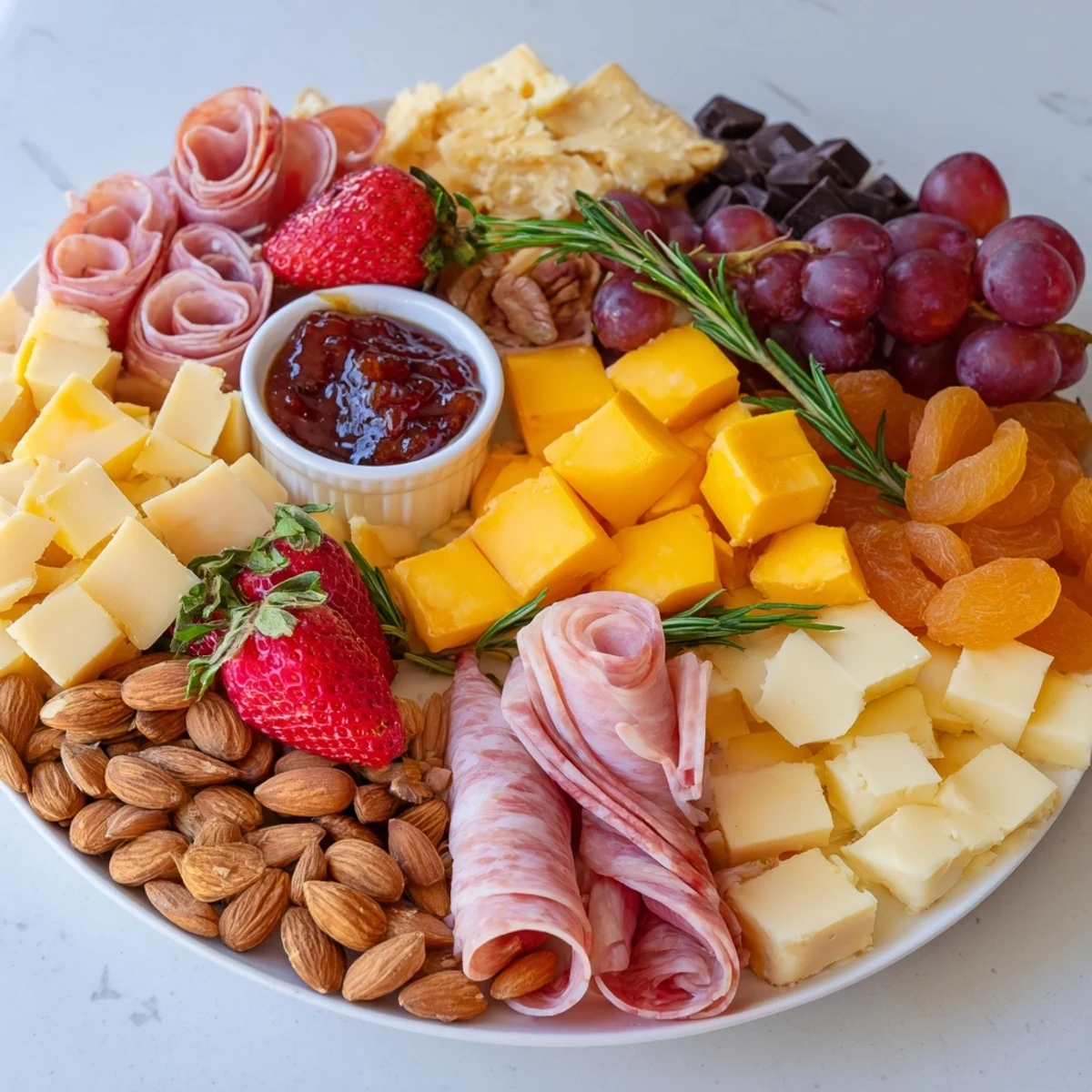 A close-up of the flavorful Anniversary Heirloom Arrangement, a charcuterie board filled with meaningful ingredients like apricots.