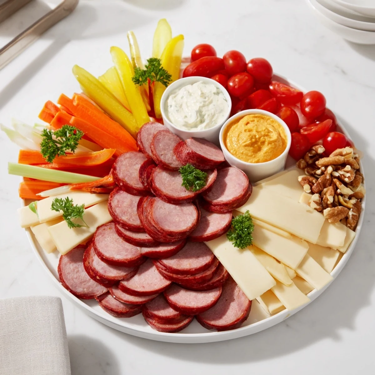 Stacked Tailgate Party Power Stack appetizer, featuring layers of sausage, cheese, and vegetables on a serving board.