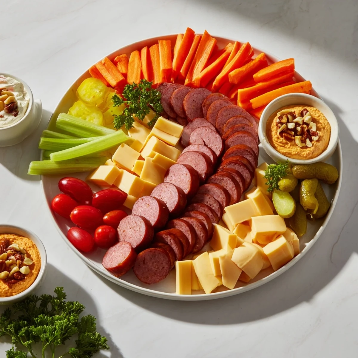 A loaded Tailgate Party Power Stack platter overflowing with savory meats, cheeses, and colorful, fresh crudités.