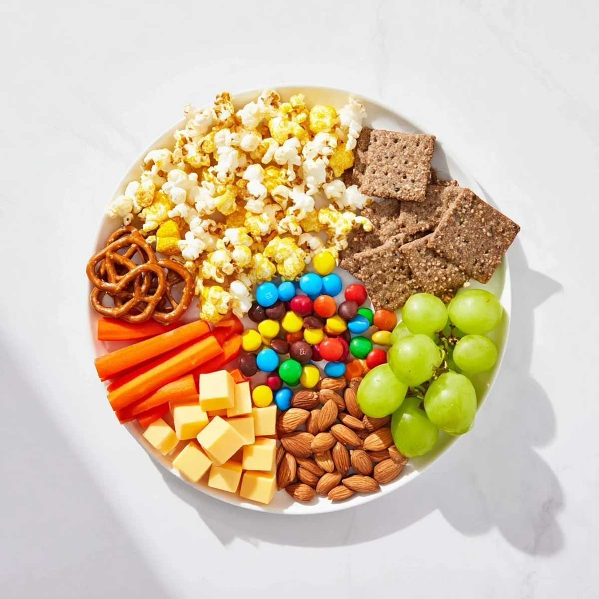 This inviting Movie Night Munchie Board boasts a tempting arrangement of bite-sized snacks, ready to grab and enjoy.