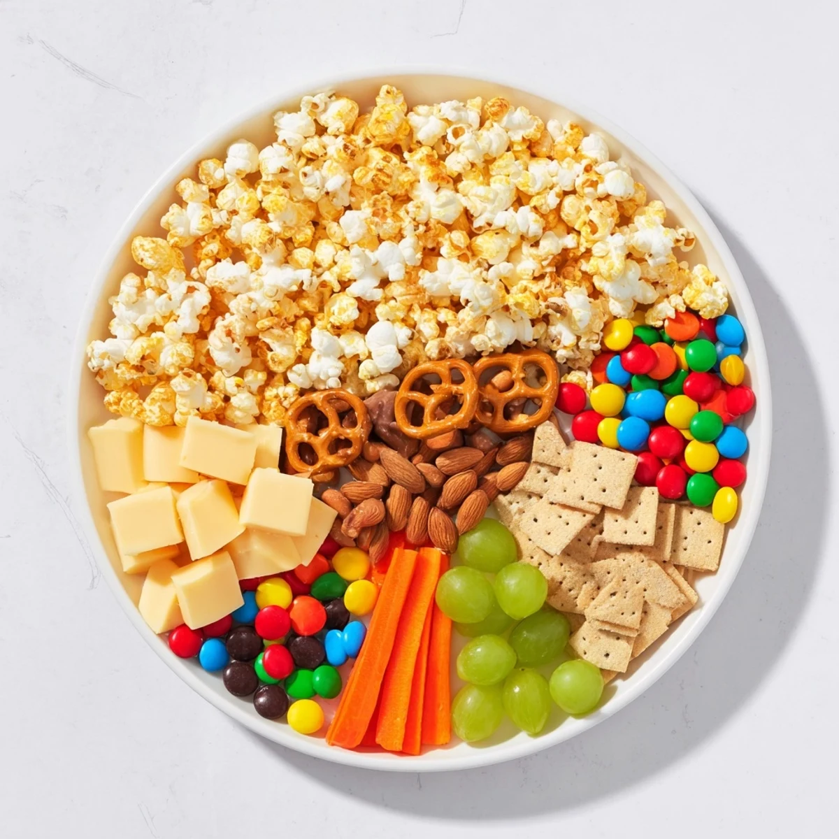 A festive Movie Night Munchie Board features a colorful assortment of sweet and savory treats for easy snacking.