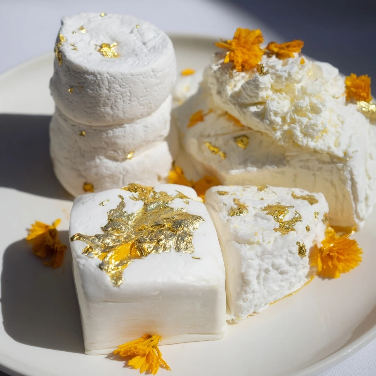 The Gilded Lily cheese platter, richly adorned with edible gold leaf and yellow flower petals, looks elegant.