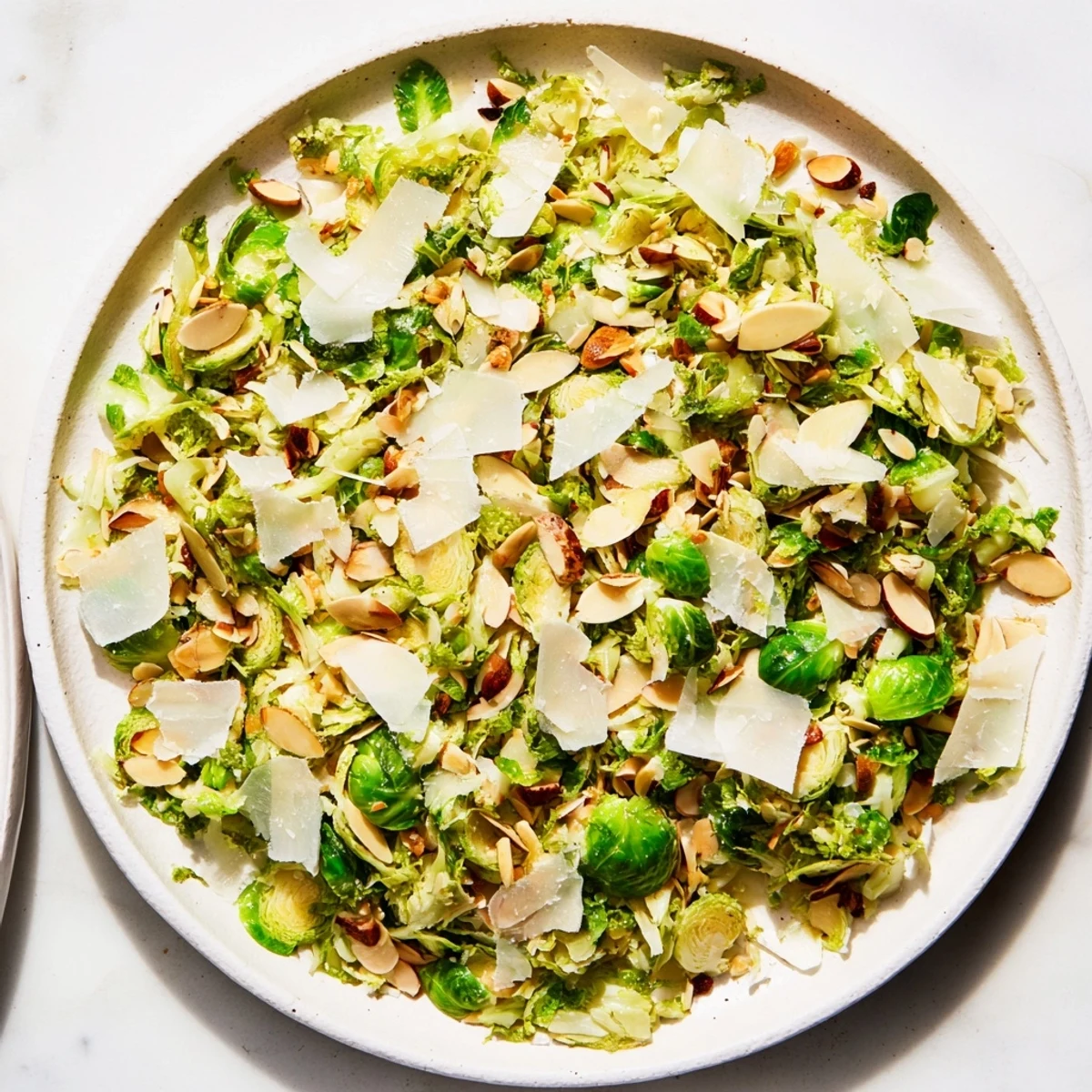 A bright, close-up view of Crunchy Lemon Parmesan Brussels Sprouts Salad, ready to enjoy.