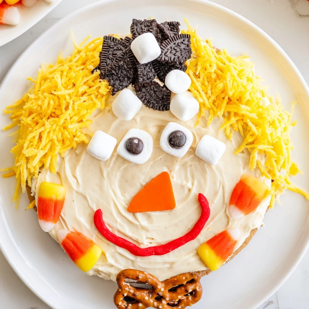 Festive Scarecrow Candy Platter featuring smiling face crafted from colorful candies and frosting.