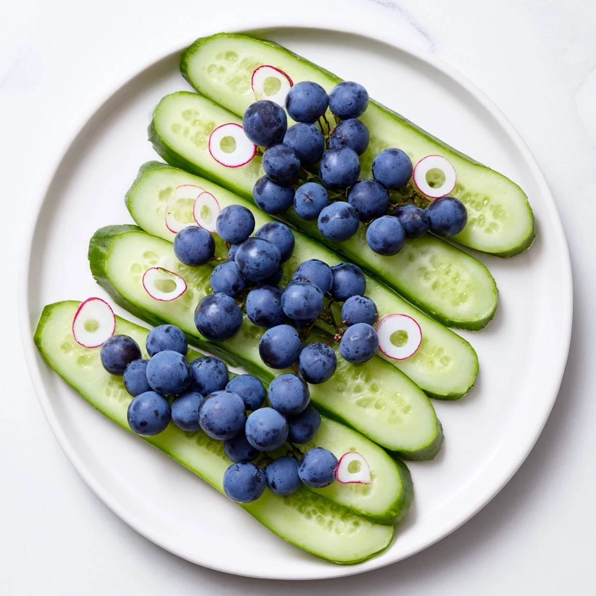 Vibrant Peacock Tail appetizer of cucumber and grapes, eye-catching radish spots.