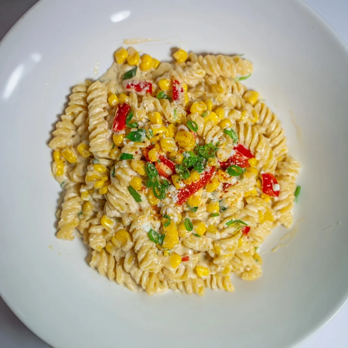 A steaming bowl of One-Pot Mexican Street Corn Pasta, topped with fresh cilantro and cotija.