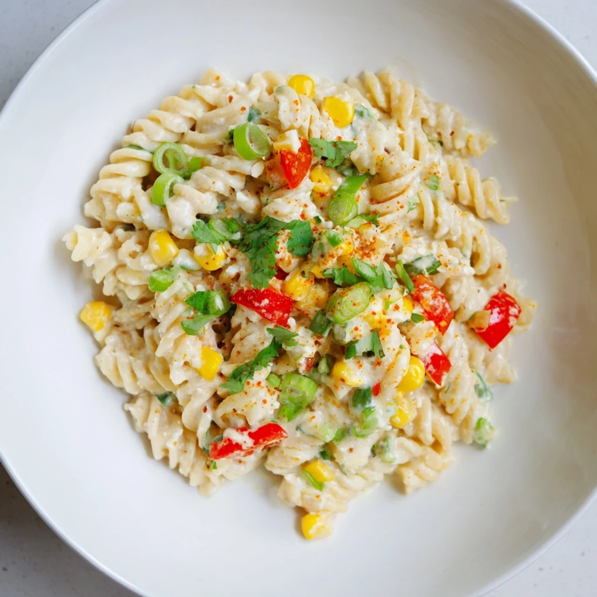 The creamy sauce coats the fusilli in this easy, flavorful One-Pot Mexican Street Corn Pasta recipe.