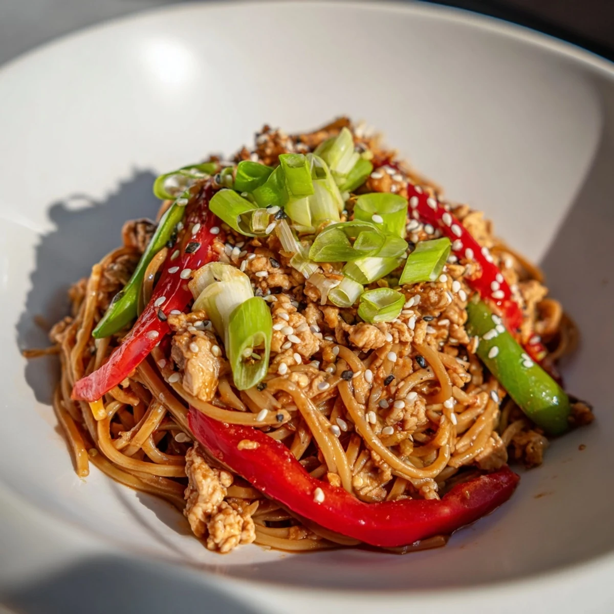 Steaming hot Sesame Hoisin Ground Chicken Pasta, a flavorful fusion main dish with cooked vegetables and sesame seeds.