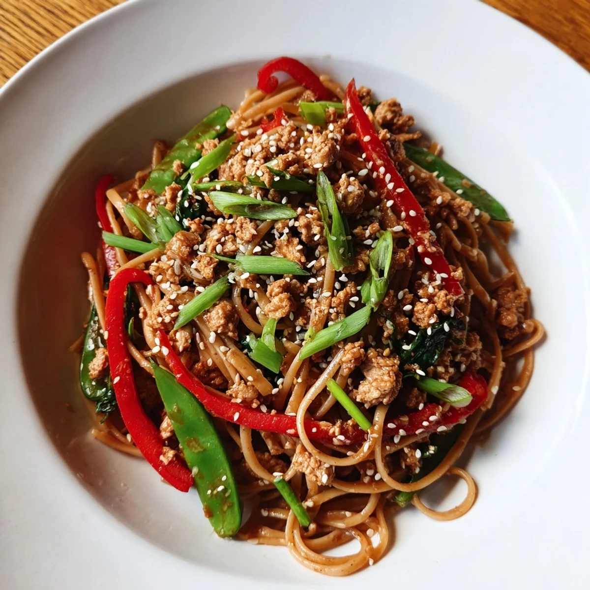 Imagine the savory aroma of this Sesame Hoisin Ground Chicken Pasta, a delicious Asian-inspired stir-fry linguine bowl.