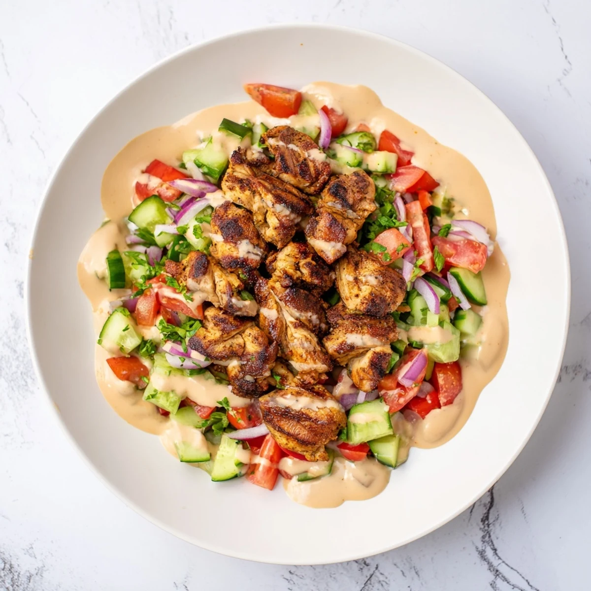 Spiced chicken shawarma salad served, with a colorful mix of veggies and drizzled with dressing.
