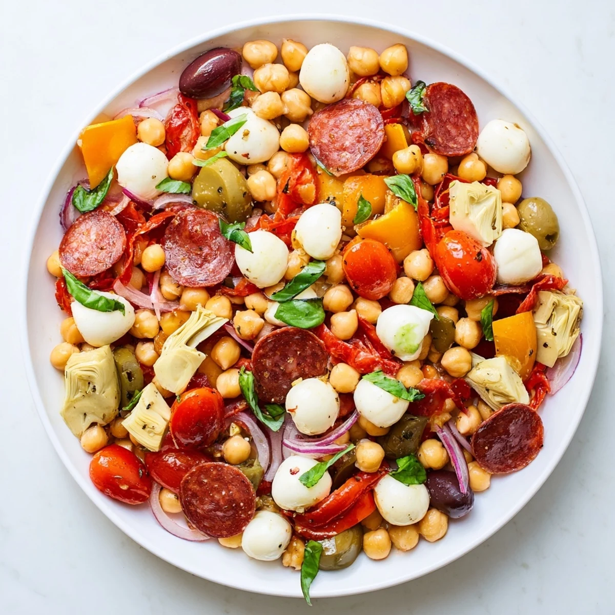 This flavorful and healthy Antipasto Chickpea Salad is chilled, perfect for a refreshing lunch or side.