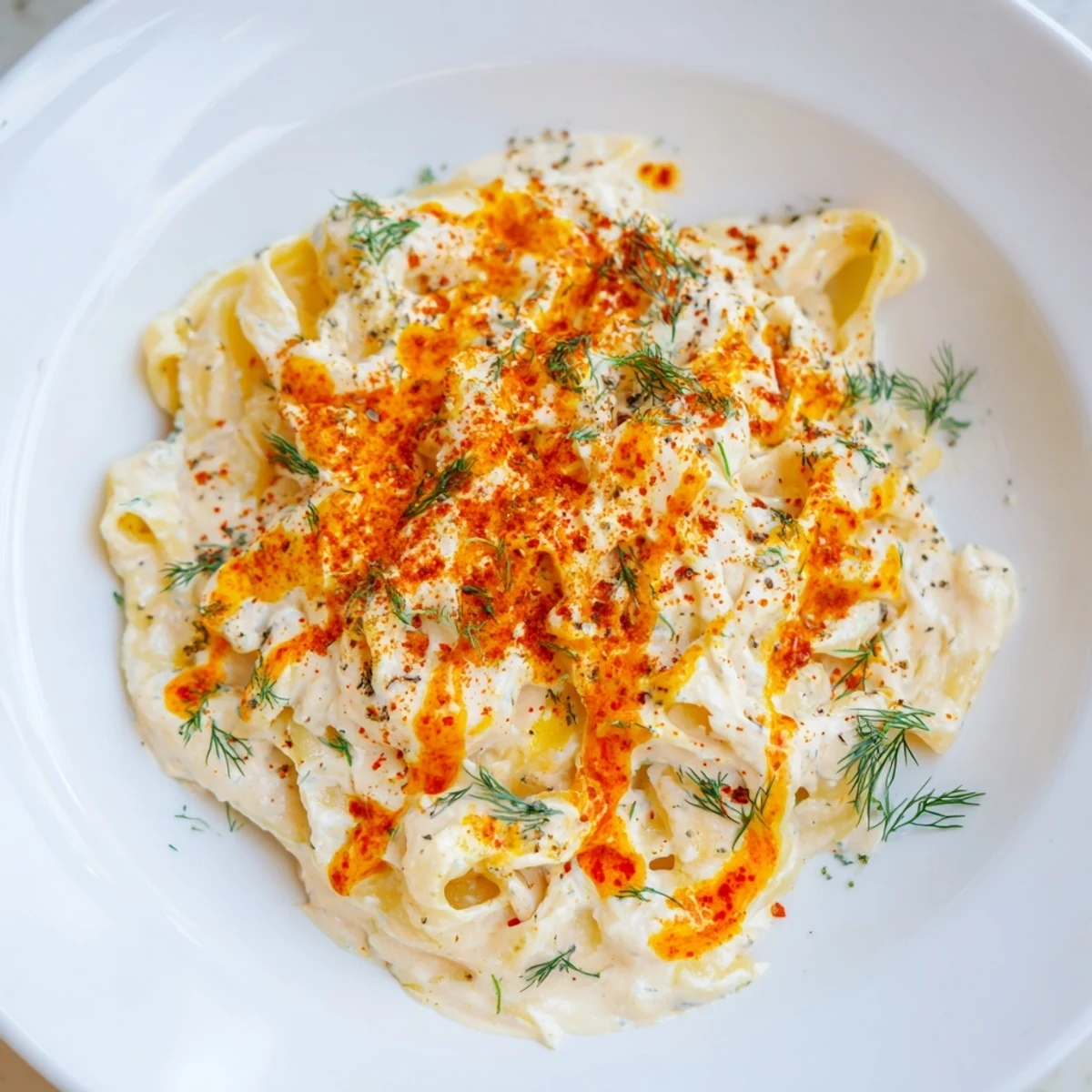 Steaming bowl of Turkish Pasta with paprika butter, garnished with fresh herbs, ready to serve and enjoy.