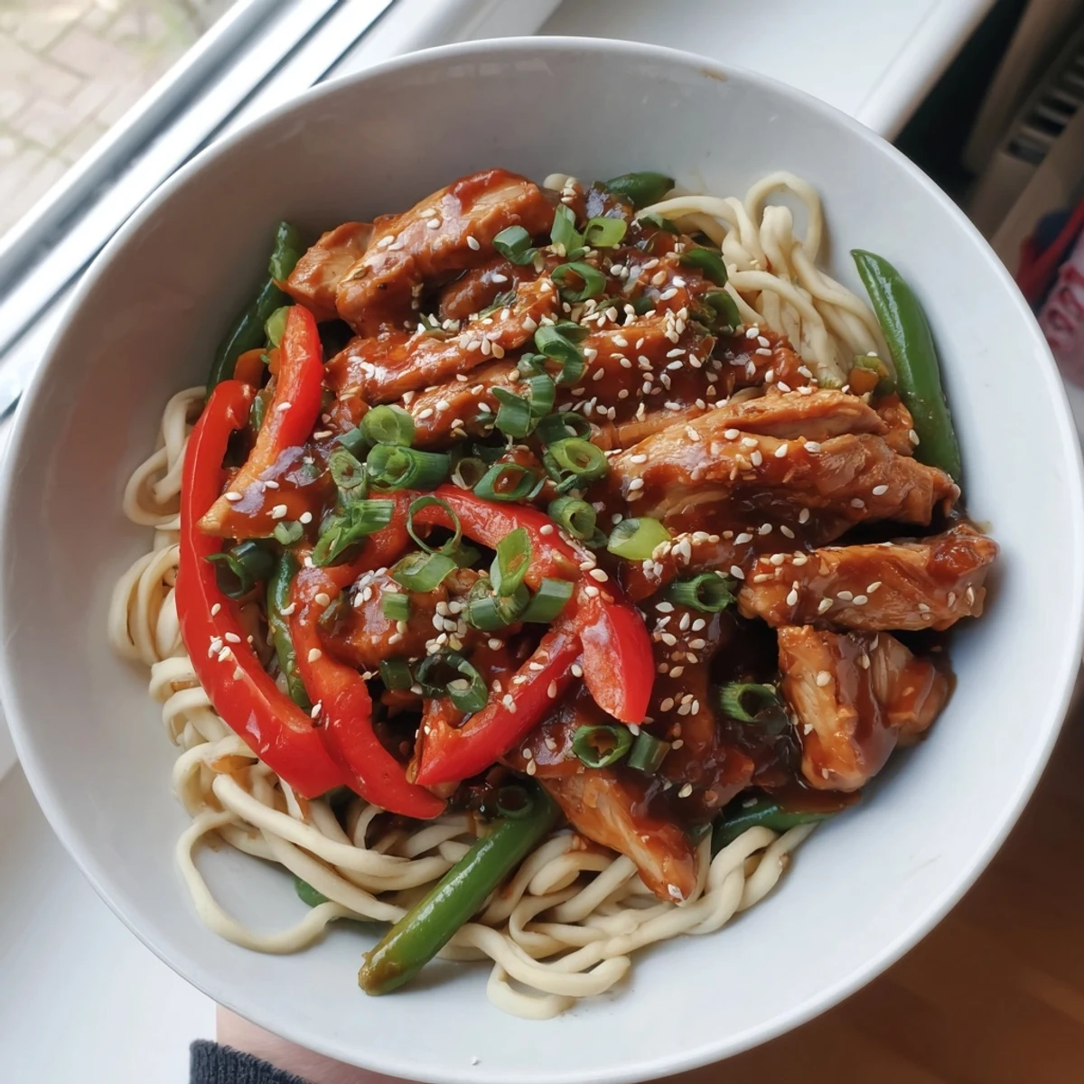 Golden chicken and veggies coated in a sweet Mongolian sauce, ready to serve over rice noodles.