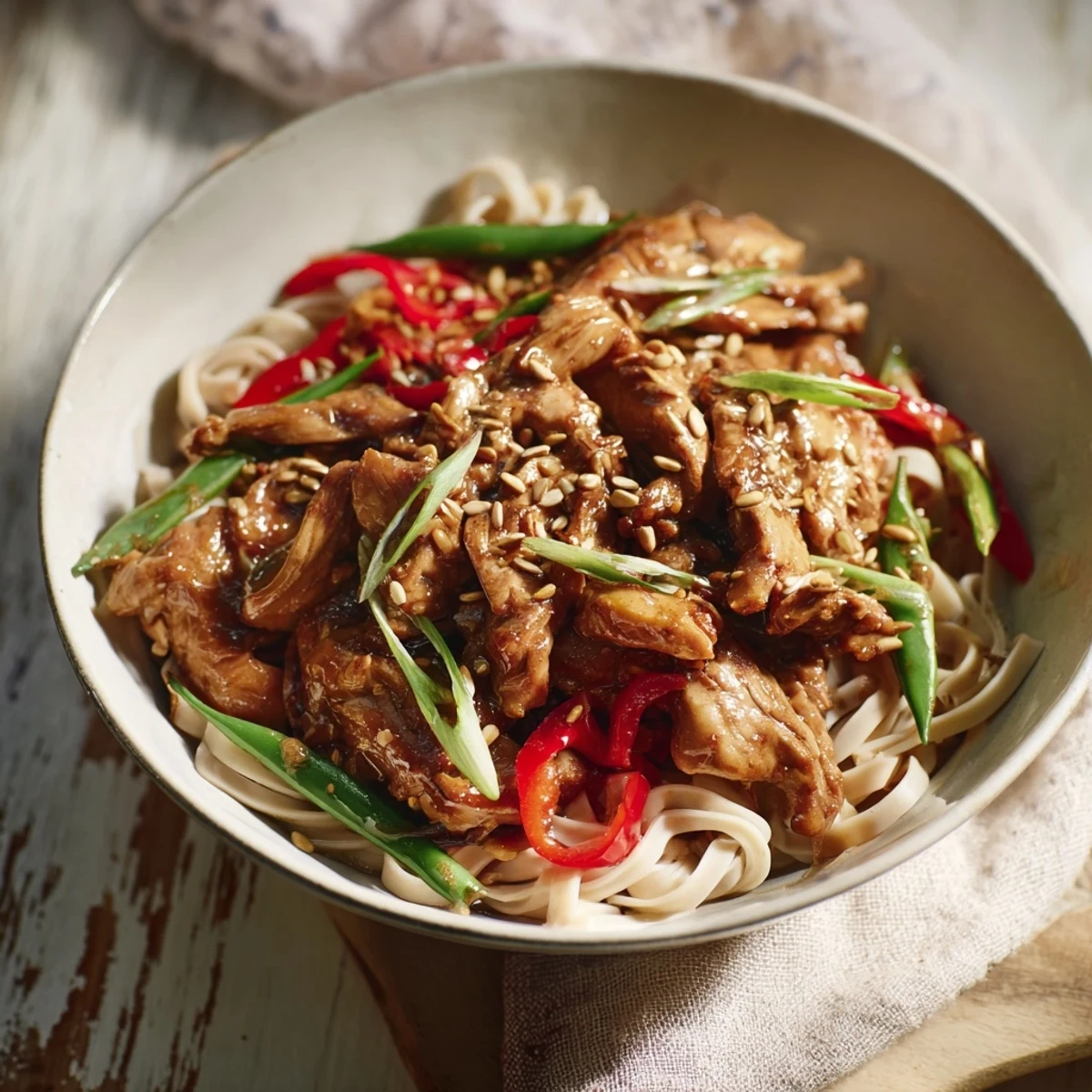 Vibrant stir-fry with Mongolian Chicken featuring glistening sauce, colorful peppers, and noodles ready to eat.