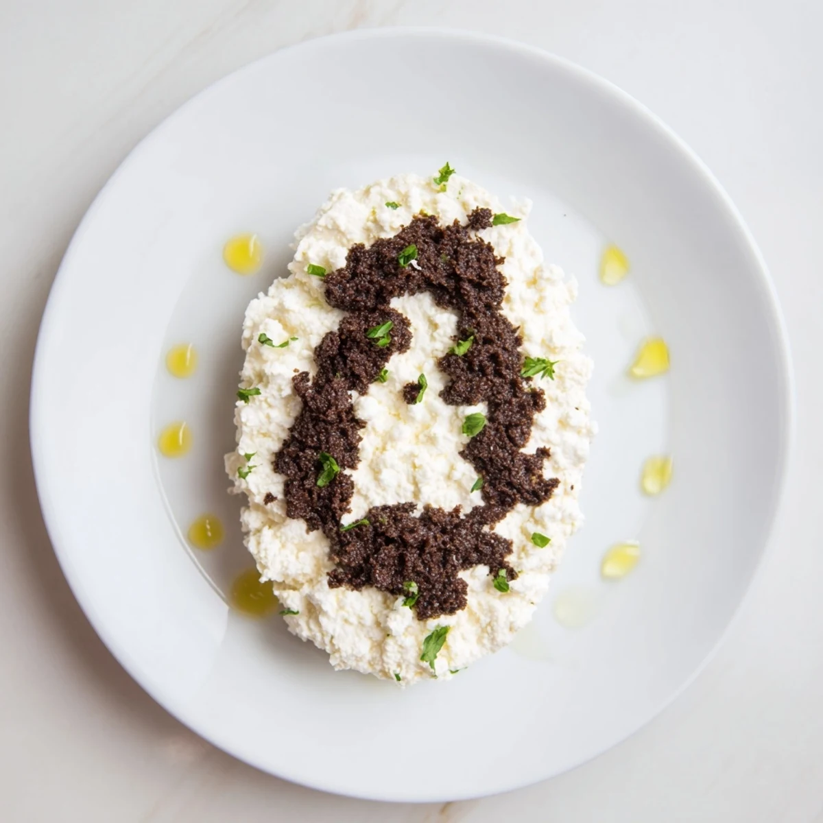 Elegant The Victorian Cameo appetizer: creamy goat cheese ovals topped with striking black olive tapenade.