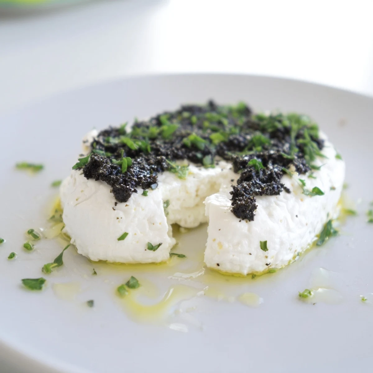 A close-up view of The Victorian Cameo, a delicious cheese appetizer with olive silhouettes and herbs.