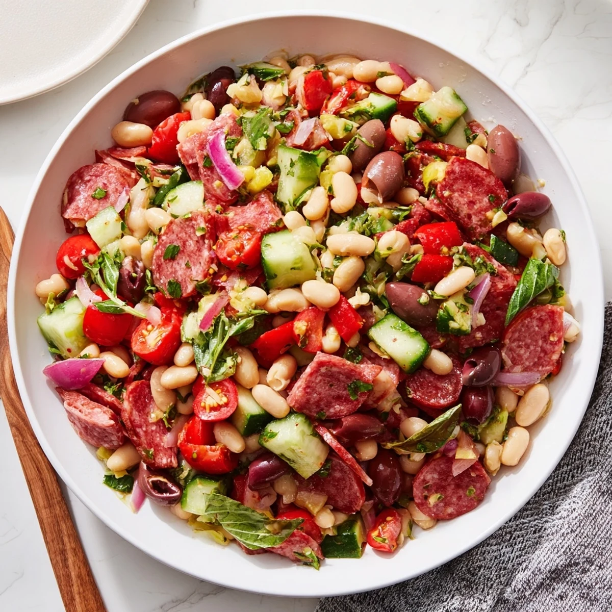 Mediterranean Dense Bean Salad with Salami, a colorful and satisfying salad bursting with fresh flavors.