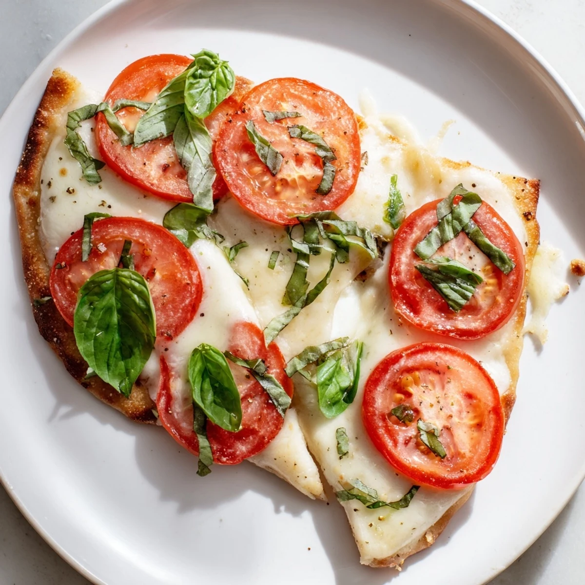 Quick Margherita Naan Pizza: a close-up of cheesy, bubbling pizza with fresh basil and tomatoes.
