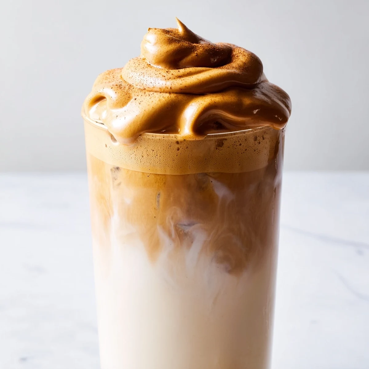 A refreshing Brown Sugar Dalgona Latte, a homemade, frothy coffee treat with a sprinkle of cinnamon.