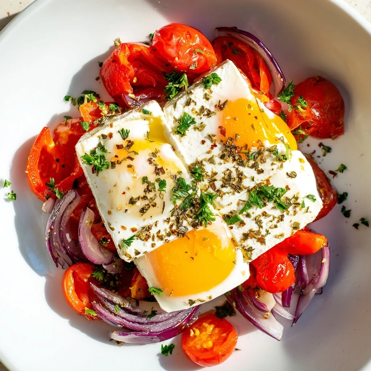 Golden-yolked eggs sit atop Mediterranean Baked Feta & Eggs, surrounded by roasted tomatoes and peppers.