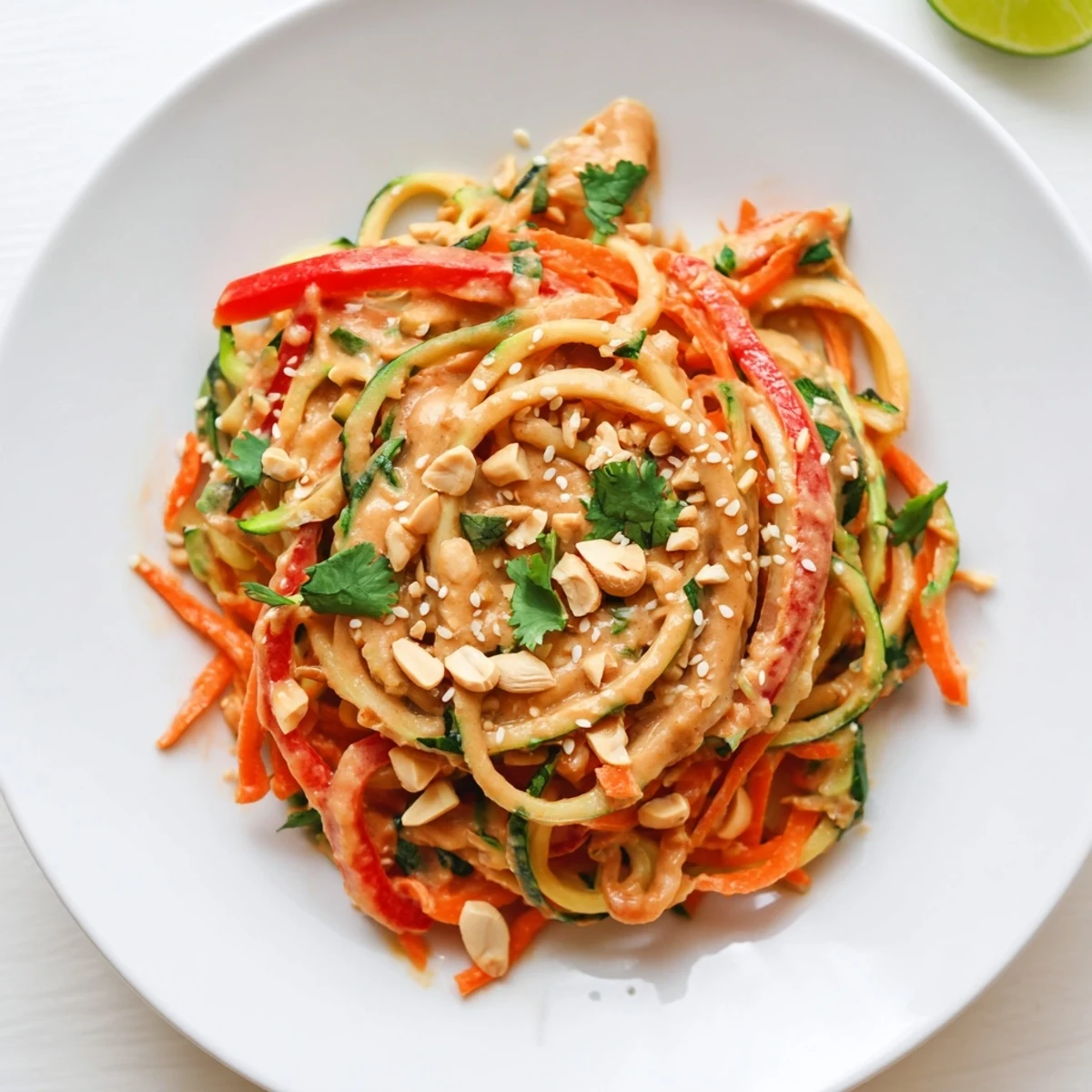 Cool, inviting bowl of Zesty Peanut Zucchini Noodles, ready to enjoy with a squeeze of lime.