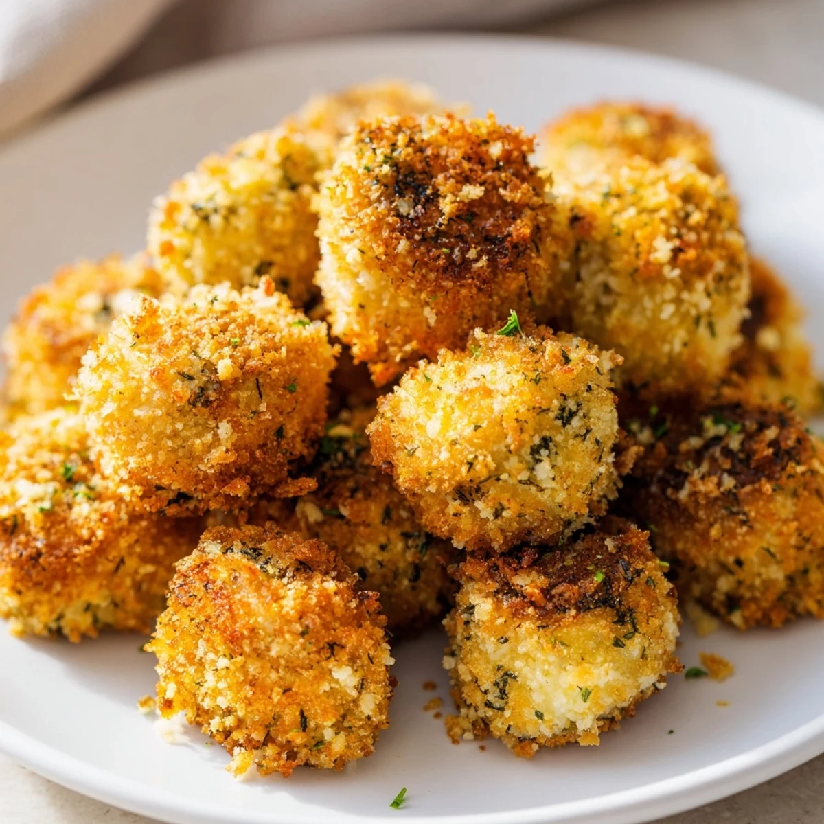 Golden oven-baked Ranch-Seasoned Crispy Mushrooms, perfect as a snack and bursting with savory flavor.