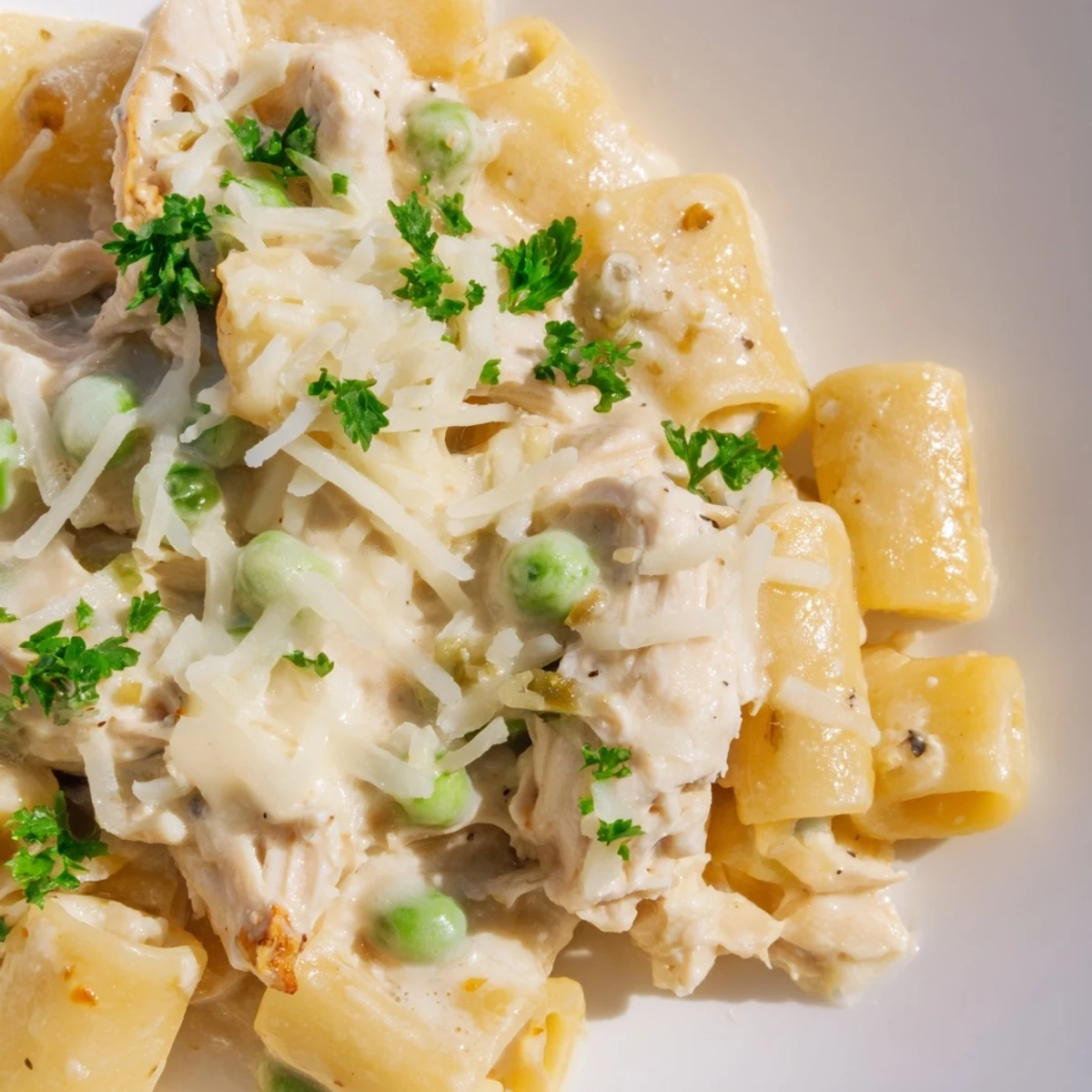 Delicious Slow Cooker Chicken Alfredo Pasta Bake featuring shredded chicken and pasta in a rich, cheesy sauce.