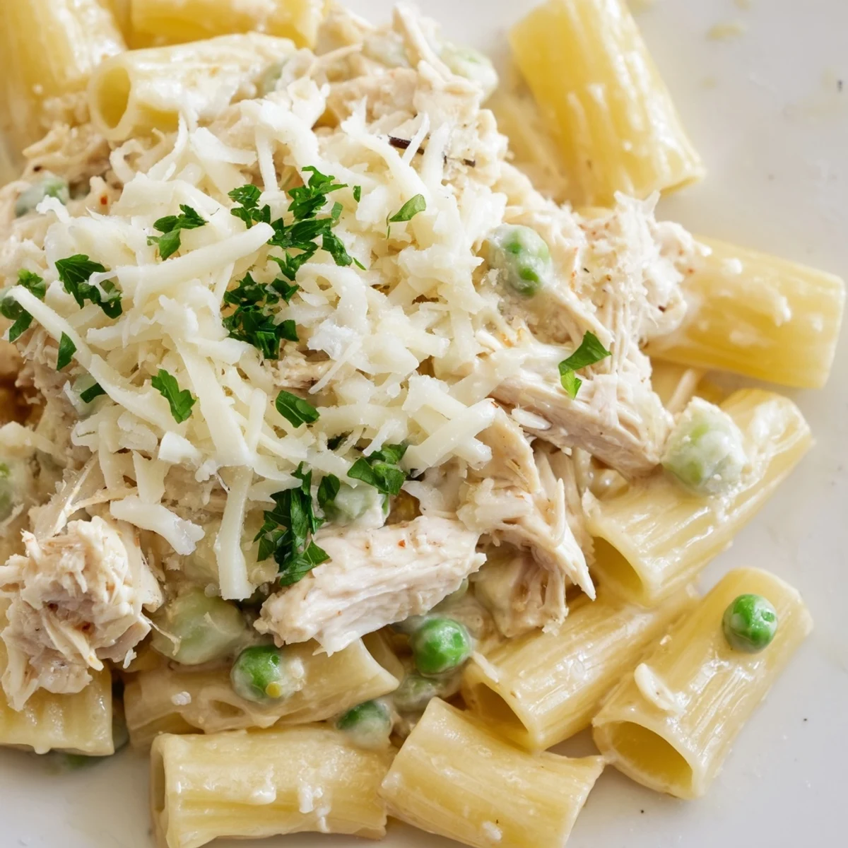 A close-up of the Slow Cooker Chicken Alfredo Pasta Bake, showing a comforting, creamy, homemade meal.