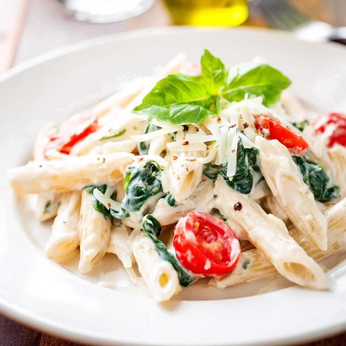 Creamy cottage cheese high-protein pasta, a comforting bowl with fresh basil and Parmesan.