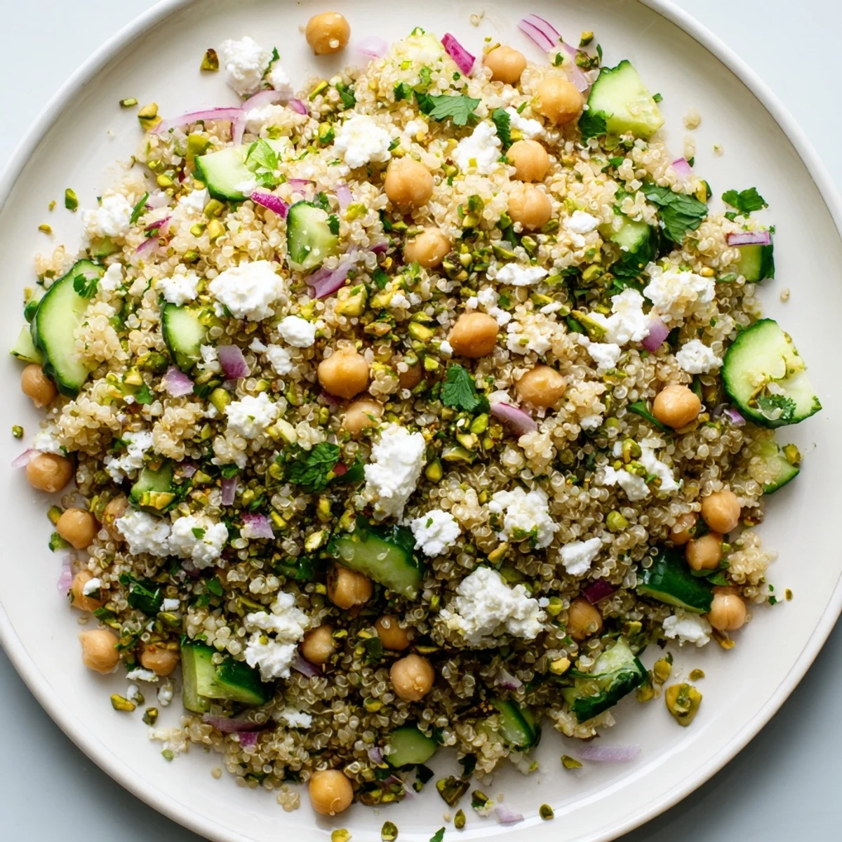 Jennifer Aniston Salad: A colorful mix with crunchy cucumber, feta, and toasted nuts, ready to enjoy.