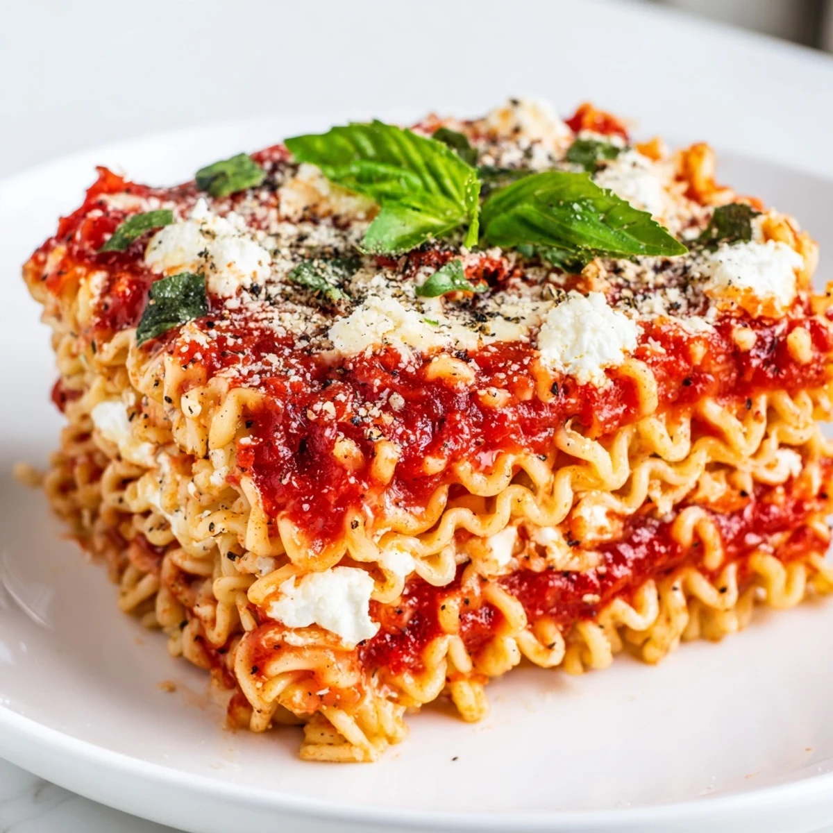 Ramen lasagna bubbling golden brown with melted cheese and ready to serve for dinner.