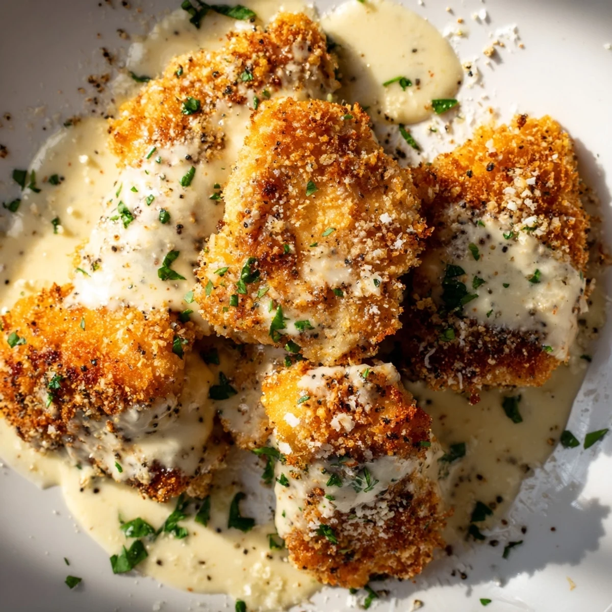 Golden crispy chicken with garlic cream sauce, ready for a comforting and flavorful dinner.