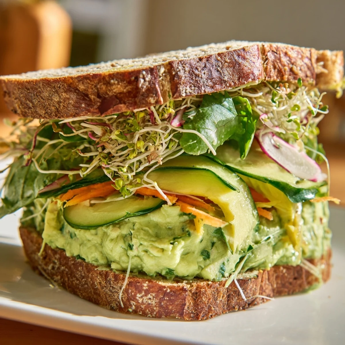 A close-up of a loaded Green Goddess sandwich, showcasing the colorful, delicious layers.
