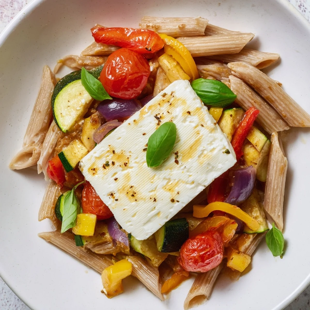 Imagine the aroma! This Baked Feta Pasta 2.0 offers a healthy, colorful meal with fresh basil garnish.