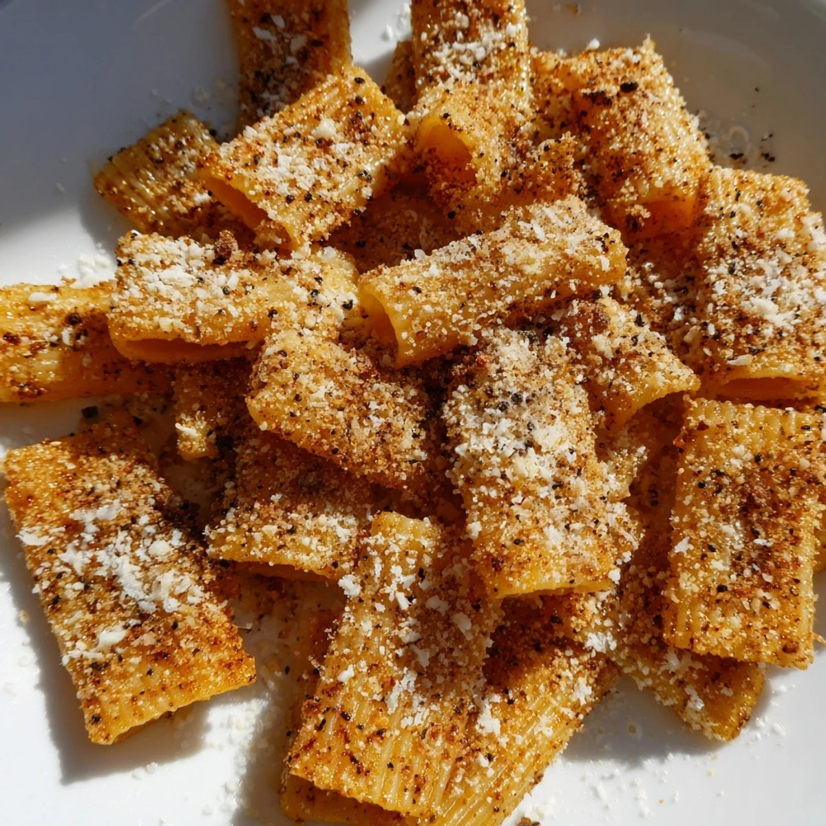 Golden-brown Parmesan pasta chips ready to enjoy, perfect for dipping in marinara sauce for a snack.