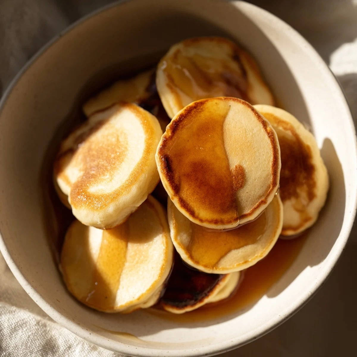 Tiny golden Fluffy Pancake Cereal, drizzled in maple syrup, ready to be enjoyed with milk.