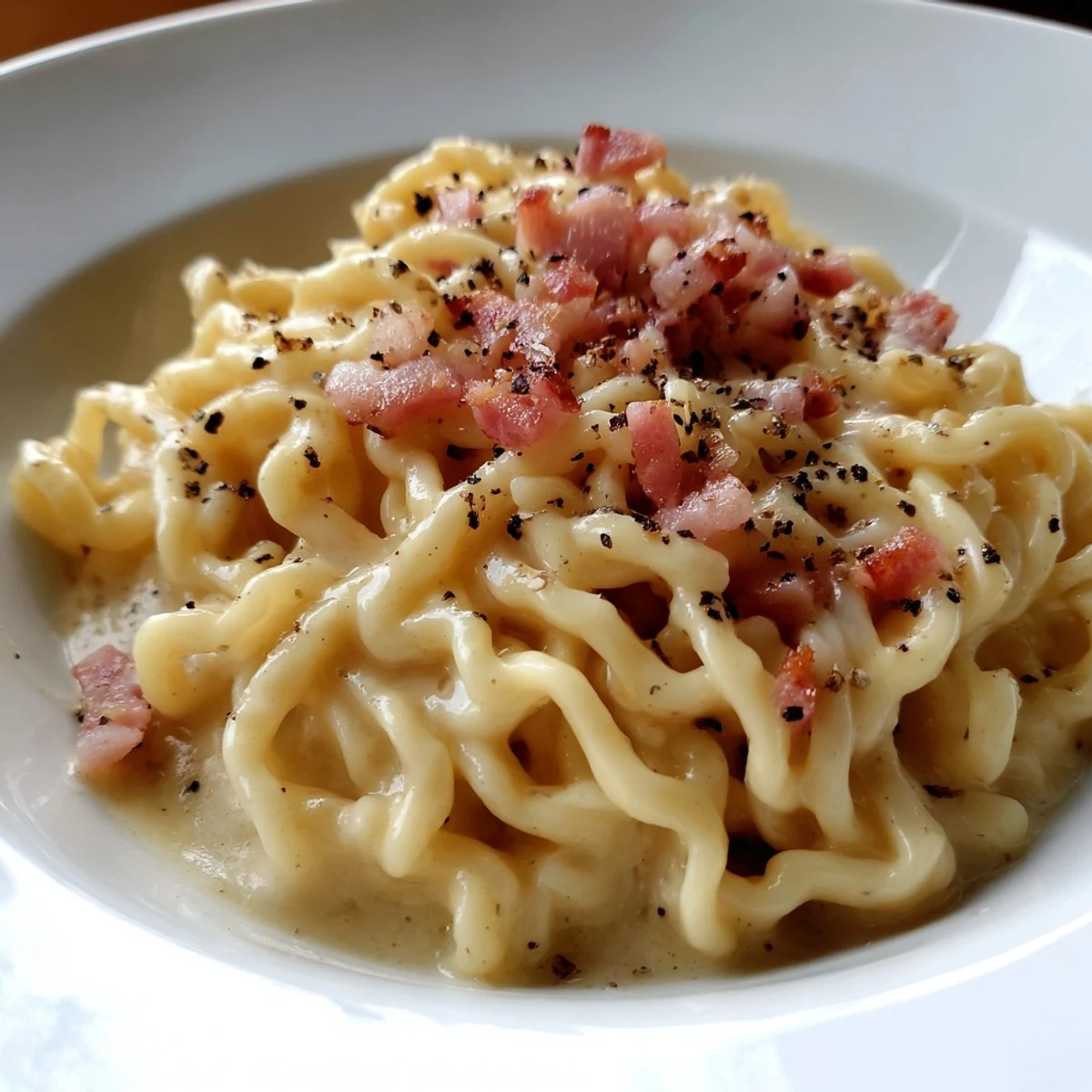 Ramen Carbonara Hack: Creamy noodles coated in rich egg and cheese sauce, a quick, comforting meal.