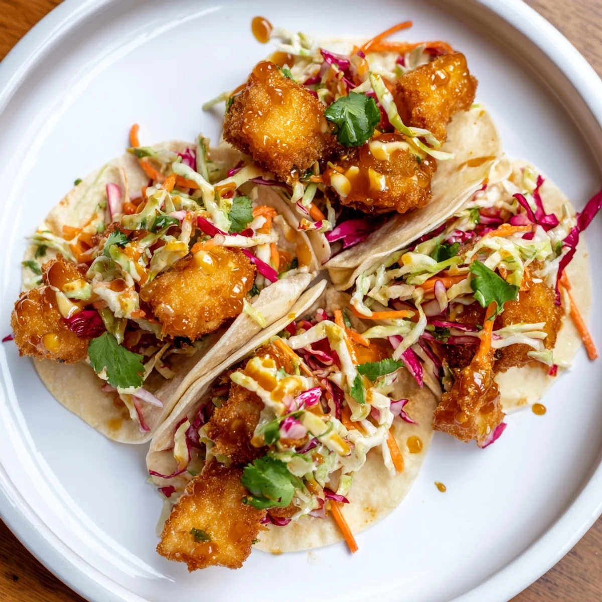 Golden, crispy hot honey chicken tacos ready to eat, featuring a sweet and spicy drizzle.
