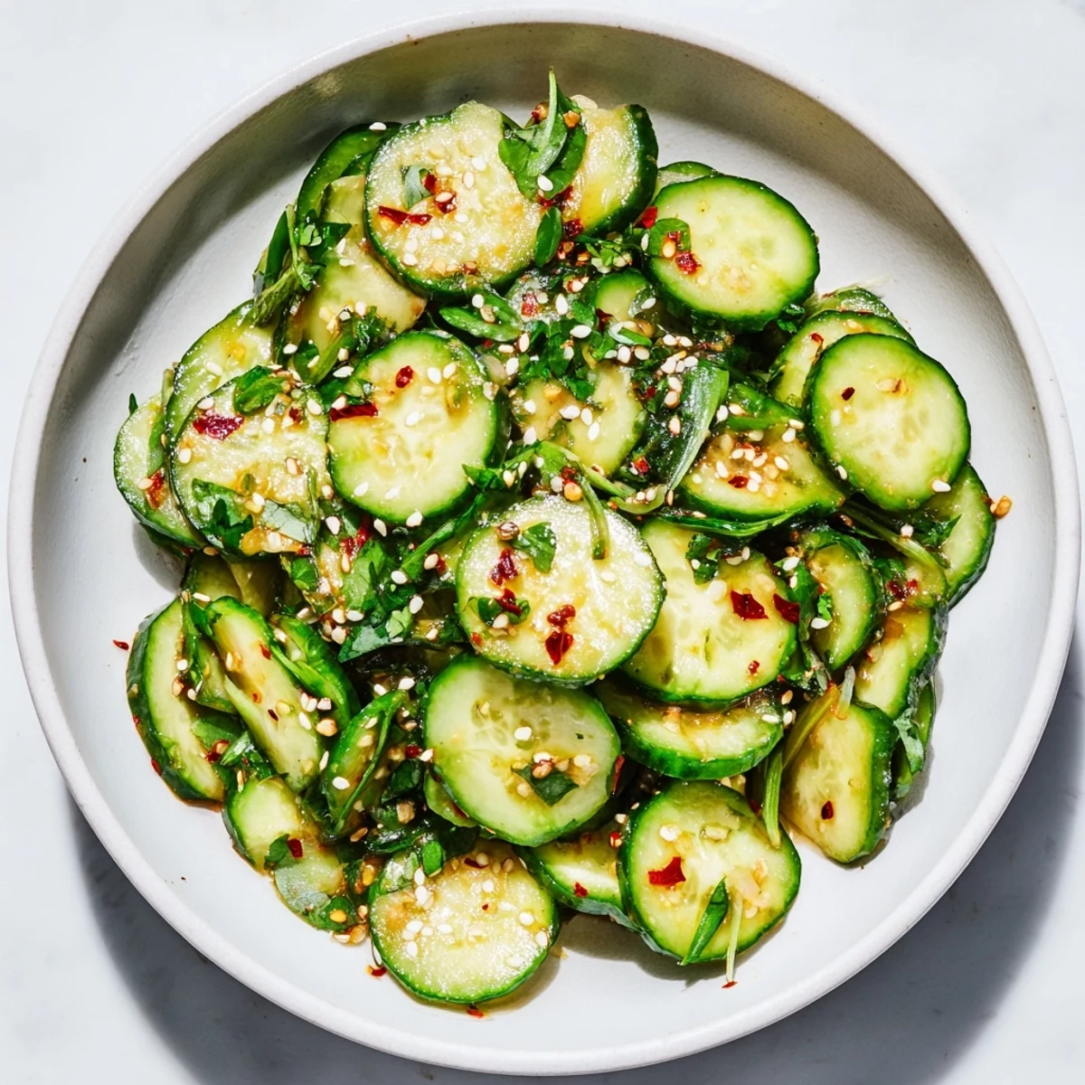 Vivid close-up of Zesty Shake Cucumber Salad, showcasing glistening cucumbers in a tangy dressing, ready to enjoy.