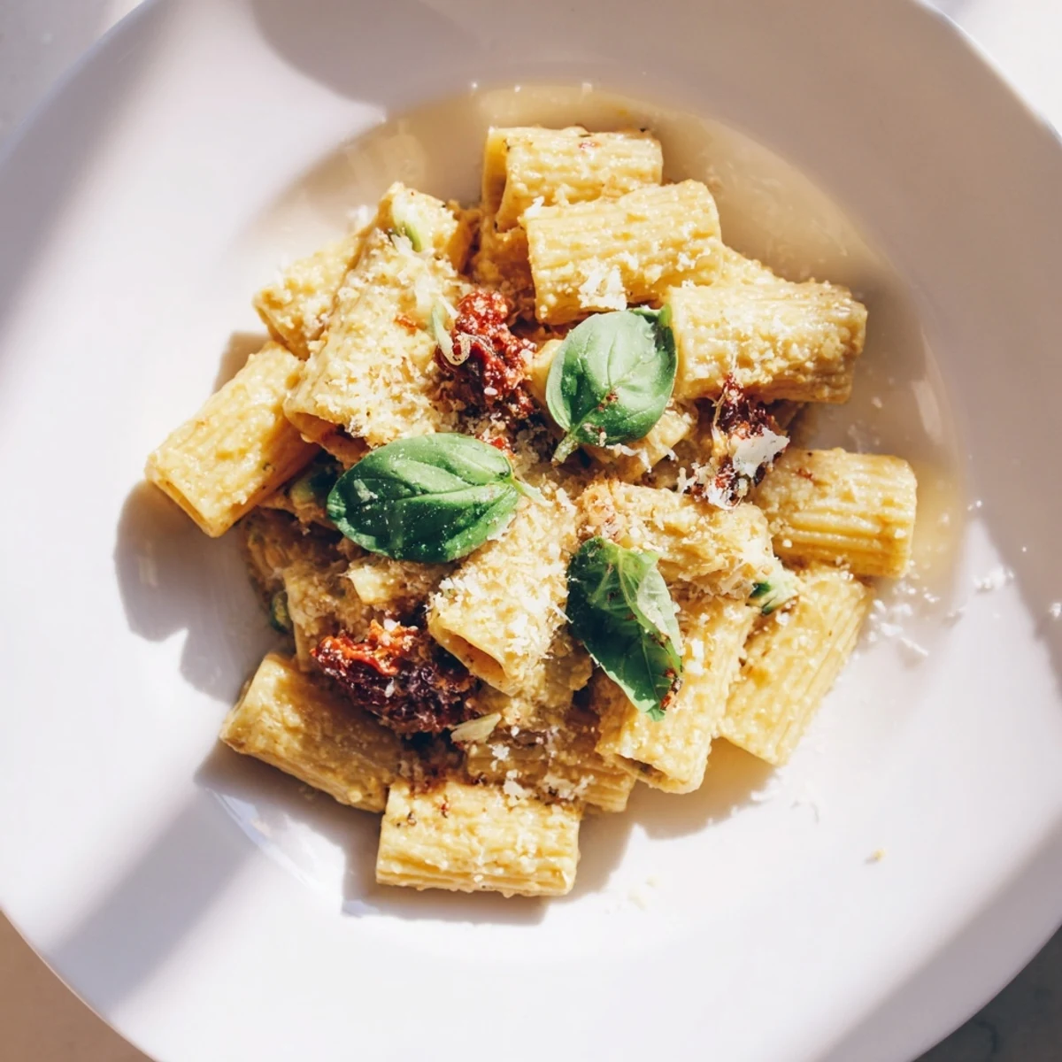 Steaming bowl of creamy sun-dried tomato pasta, garnished with fresh basil, ready to eat.