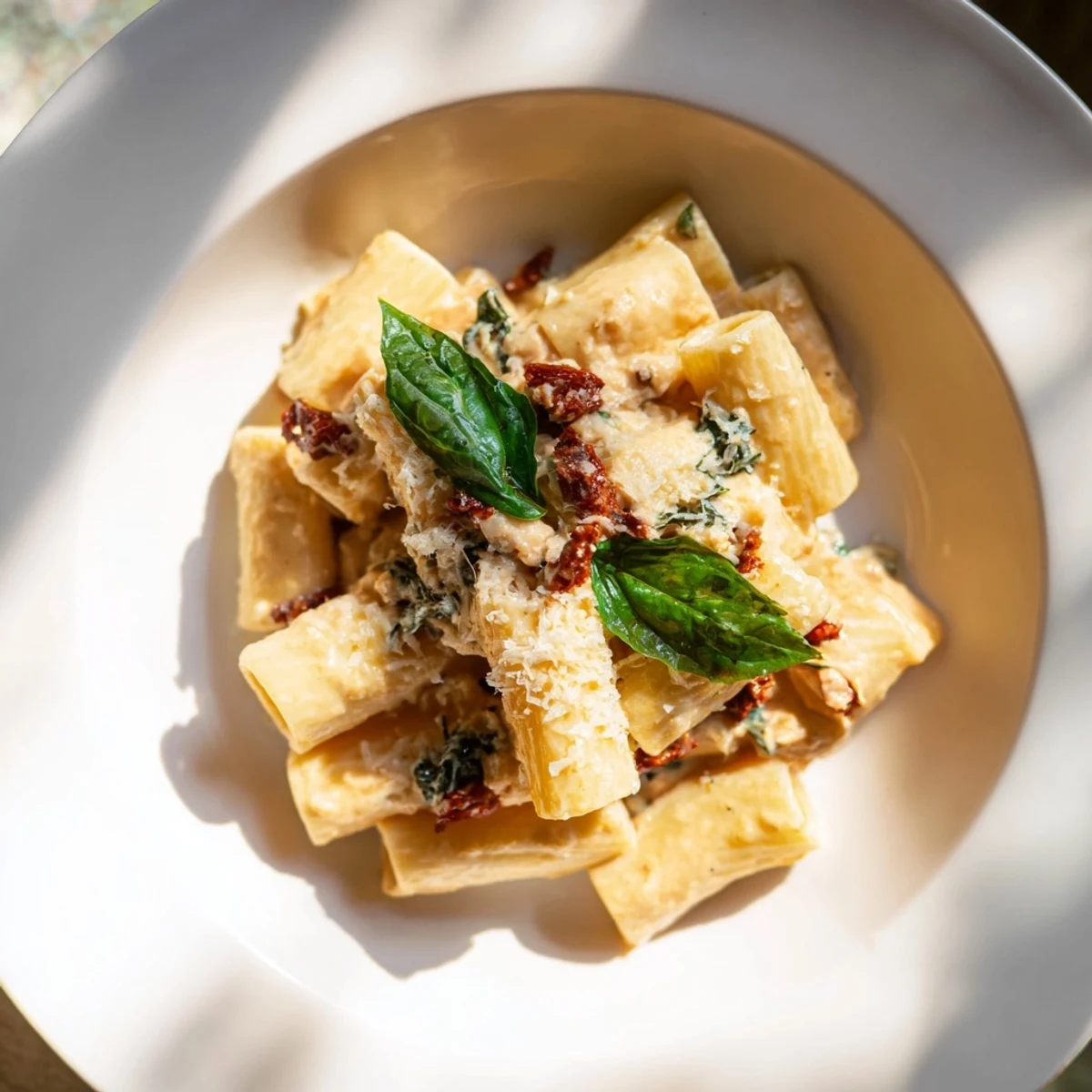 Beautiful close-up of sun-dried tomato pasta, with a rich, creamy sauce coating the penne.